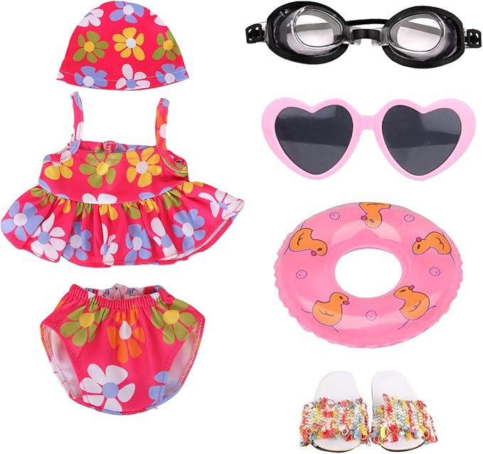 18 Inch Doll Swimsuit Playset, Dorable Doll Summer Dress Playset for 18 Girl Dolls, Includes Doll Bikini Swimsuits, Lovely Sunglasses, Goggles, Sandals and Water Inflatable Ring