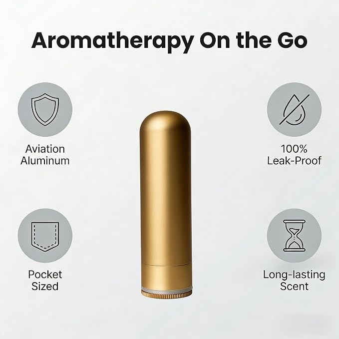 Aromatherapy Inhaler, Metal Essential Oil Diffuser with Leak-Proof Seal & Cotton Wick Holder, Refillable Nasal Stick for Anxiety, Allergies, Travel - 20 Wicks, Gold