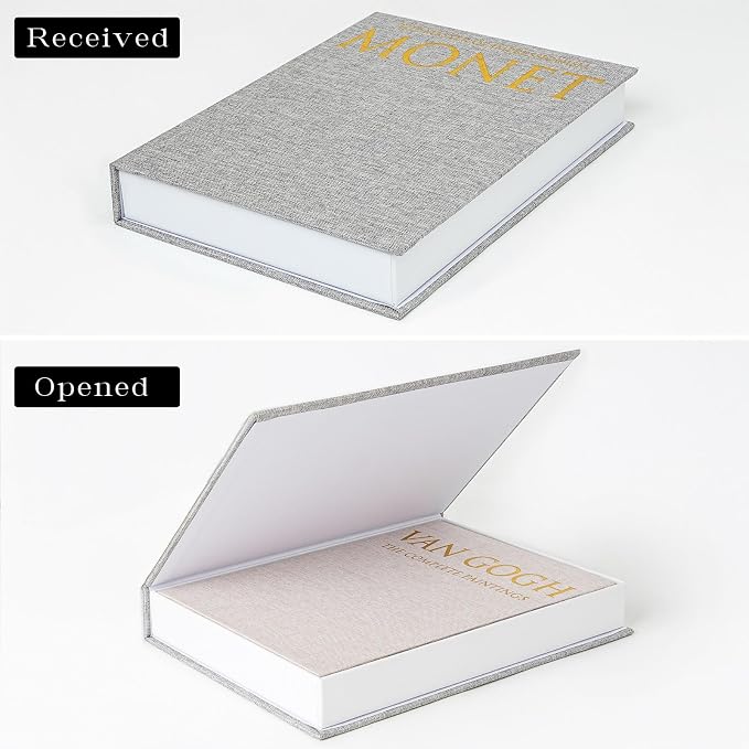 Faux Book Box Storage Set 2-Pack, Linen Beige | Decorative organizer for bookshelf coffee table, eco-friendly odor-free lightweight, sturdy cardboard