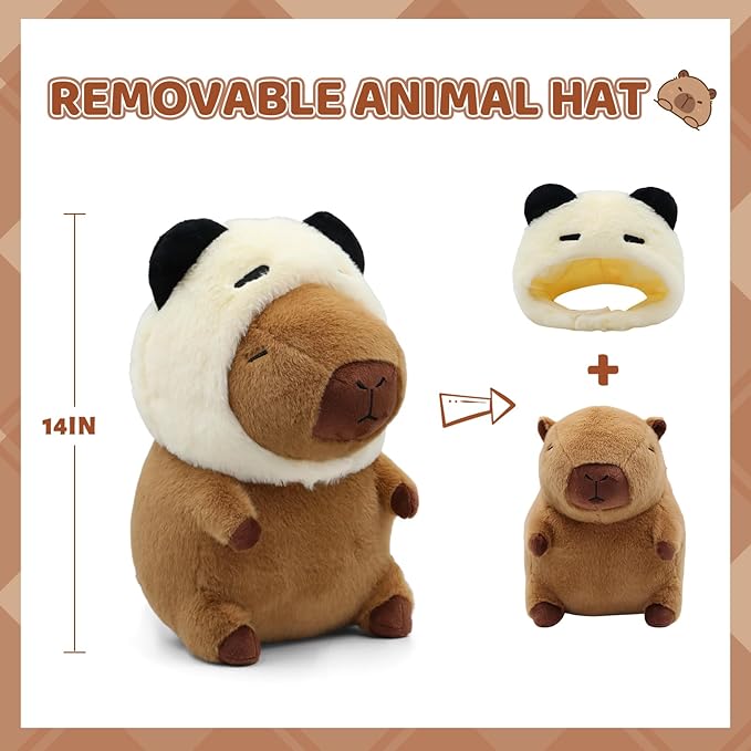 Cute Capybara Plush Wear Panda Hat, Kawaii Soft Capybara Plushie Pillow, 14 inch Capybara Stuffed Animal Hugging Gifts for Kids Adults (Panda Capybara)