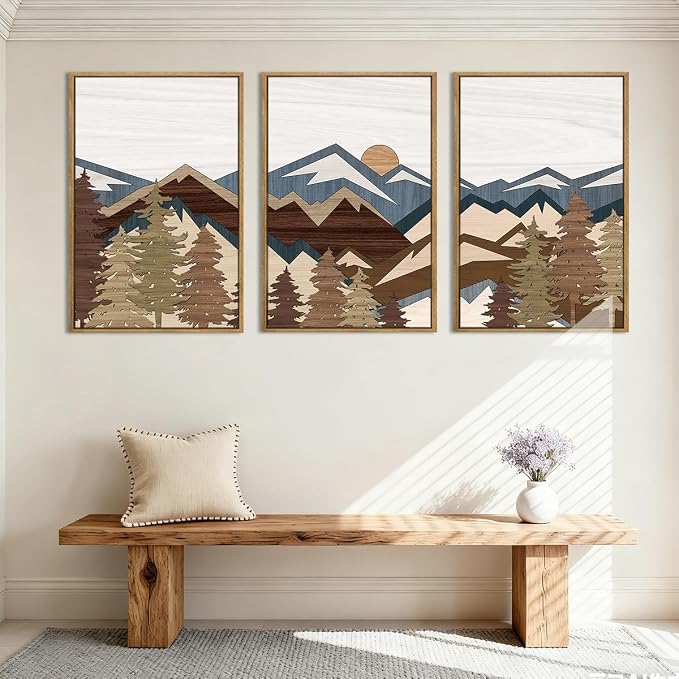 BINCUE Large Boho Mountain Canvas Framed Wall Art Set of 3 Forest Mountain Sun Wall Decor Boho Artwork for Living Room Bedroom Office 24x36 Inch Gift