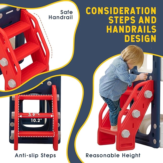 SANDINRAYLI 8-in-1 Indoor Toddler Slide, Kids Slide with Stairs, Outdoor Playground Slides for Kids 3-8, Freestanding Slides with Basketball Hoop, Telescope, Tunnel, and Storage for Boys & Girls