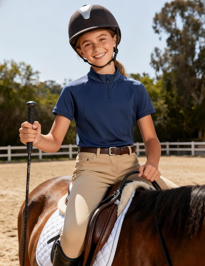 JOCMIC Girls Equestrian Shirt Short Sleeve Quick Dry Horse Riding Shirts Half Zip Horseback Show Shirt