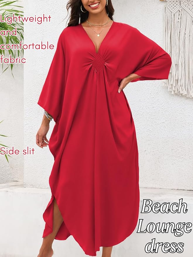 ChiaoLezhee Print Moo-Moos for Women, Kaftan Cover-Up Dresses, Sexy V-Neck High-Slit, Beach Pool-Party Coverups Muumuu Plus