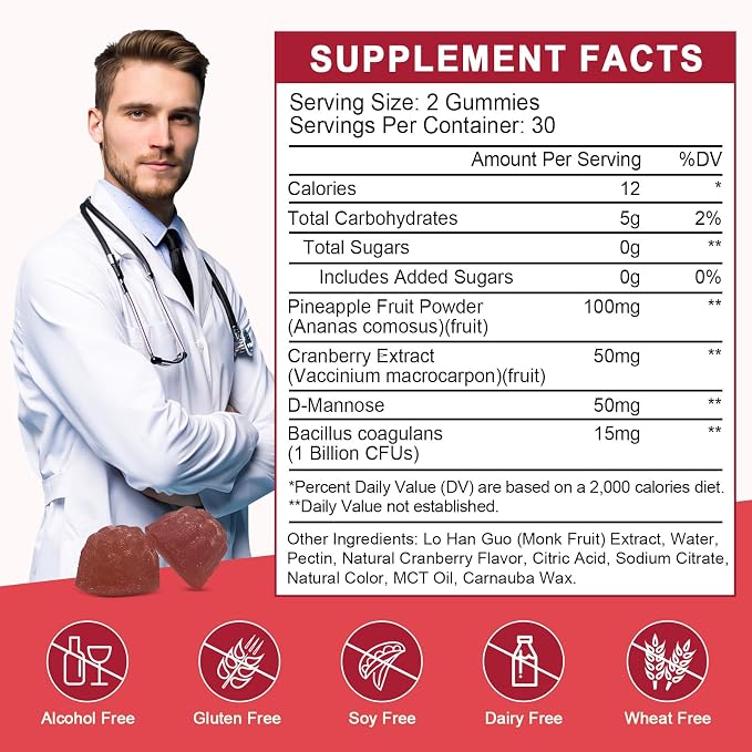 Feminine Balance Gummies for Women - Vaginal Health, pH Balance Support, Pineapple Probiotics Gummies for Women with Cranberry Extract and D-Mannose, Sugar Free, Vegan, Cranberry Flavor - 60 Ct