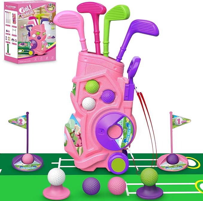 Toddler Golf Set with Putting Mat, 4 Clubs, 8 Balls, 2 Practice Holes for Kids 3-5 Years Old, Indoor Outdoor Sports Toys with Shoulder Strap, 20 Pieces