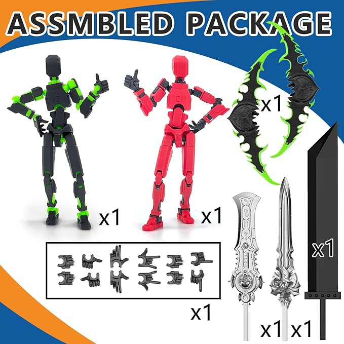 (Assembly Completed) T13 Action Figure Set, Titan 13 Robot Action Figure 3D Printed robo 13 Lucky 13 Articulated, Dummy Gift for Collectors Desktop Decorations, Black Green/Red Black