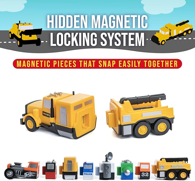 Popular Playthings Magnetic Vehicles for Toddlers 1-3, Mix or Match Car Toys, Set of 3 Gift for Kids - Construction Vehicles