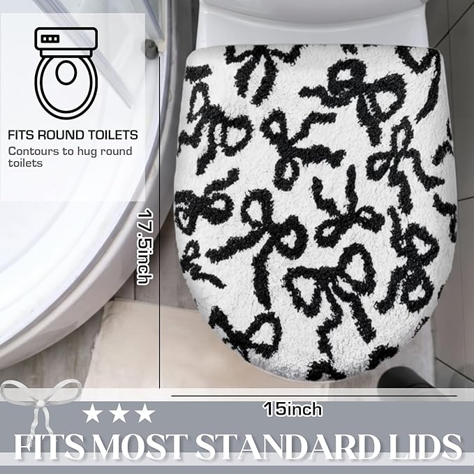 Black Bow Toilet Lid Cover Washable Coquette Cute Plush Toilet Cover for Bathroom Decor Soft Microfiber 17.5 x 15 Inch Non Slip Rubber Backing Fits Most Round, Elongated