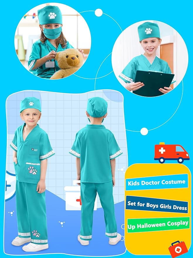 7 Pcs Kids Veterinary Costume Set Animal Doctor Dress Up Outfits for Kids Career Day Role Play Halloween Cosplay Pretend Play