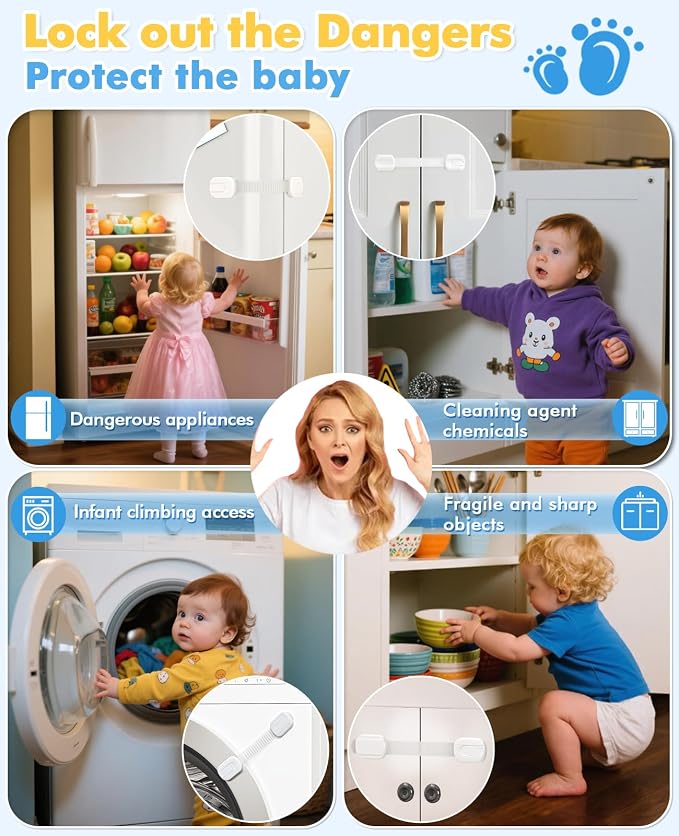 12 Pack Cabinet Locks Baby Proofing, Child Proof Cabinet Locks with 3M Adhesive - Easy Installation with Adjustable Straps, Multi-Purpose Child Safety Latches for Drawers Fridge Trash Cans Toilets