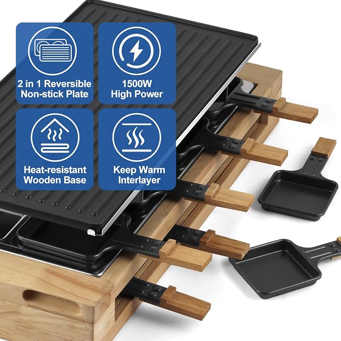 Indoor Grill, CUSIMAX Raclette Table Grill 1500W Electric Grill Korean BBQ | 2in1 Reversible Non-stick Plate/Temperature Adjustable/8 Trays & Wooden Spatulas/Double-layer Design/Sturdy Wooden Base