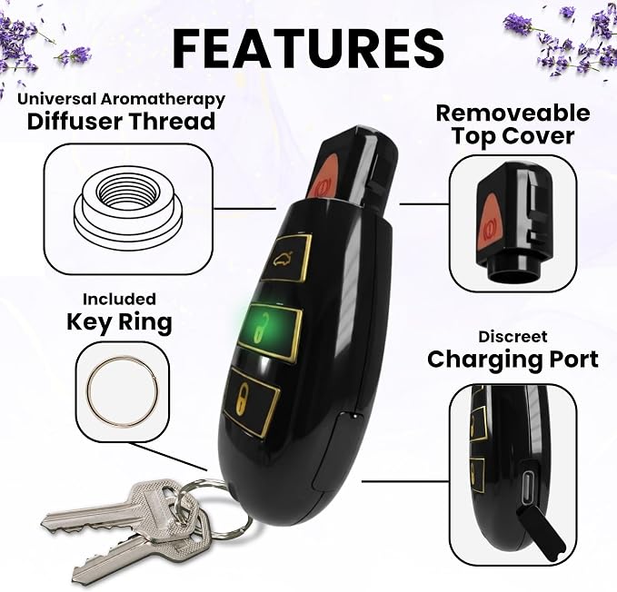 Discreet Car Key Aromatherapy Battery, Portable Universal Thread Diffuser for On-the-Go Relaxation, Rechargeable Keychain Wellness Tool, Gift for Birthday, Holiday, or Everyday Use (Black and Gold)
