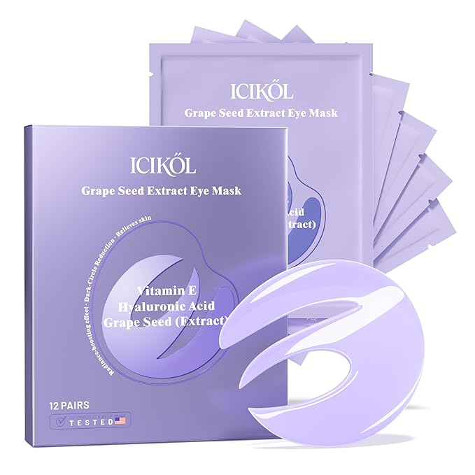 Under Eye Patches with Grape Seed Extract, Eye Patches for Puffy Eyes and Dark Circles, 360° Under Eye Mask for Radiance Boosting Effect, Dark‑Circle Reduction, Relieves Skin, 12 Pairs (Purple)