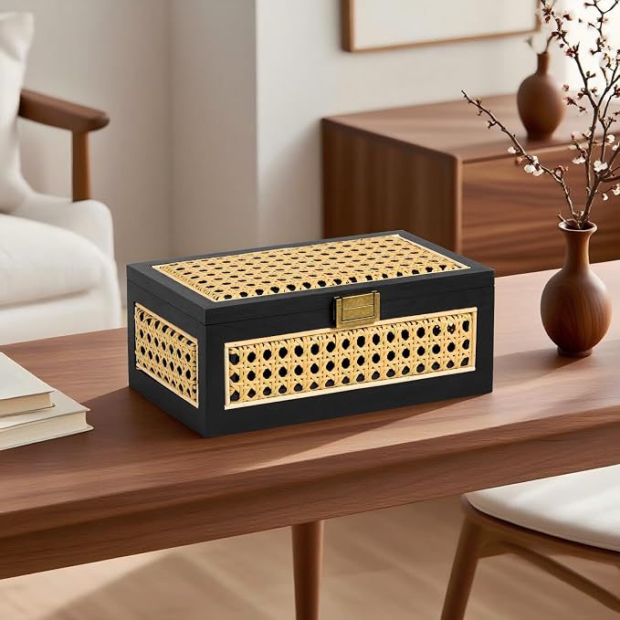 Rattan Storage Boxes Decorative Handmade Natural Wood Baskets | with Lid & Wooden Frame, Boho Rustic Wicker Stacking Woven Cane Bins, Shelf Closet Desk Organizer Container, Black, Small