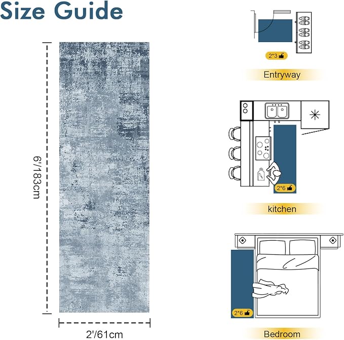 2x6 Ft Washable Runner Rug, Non-Slip Low Pile Hallway Kitchen Area Rug, Soft Long Entryway Floor Mat Abstract Pattern Carpet for Bedside & High-Traffic Areas (Blue)