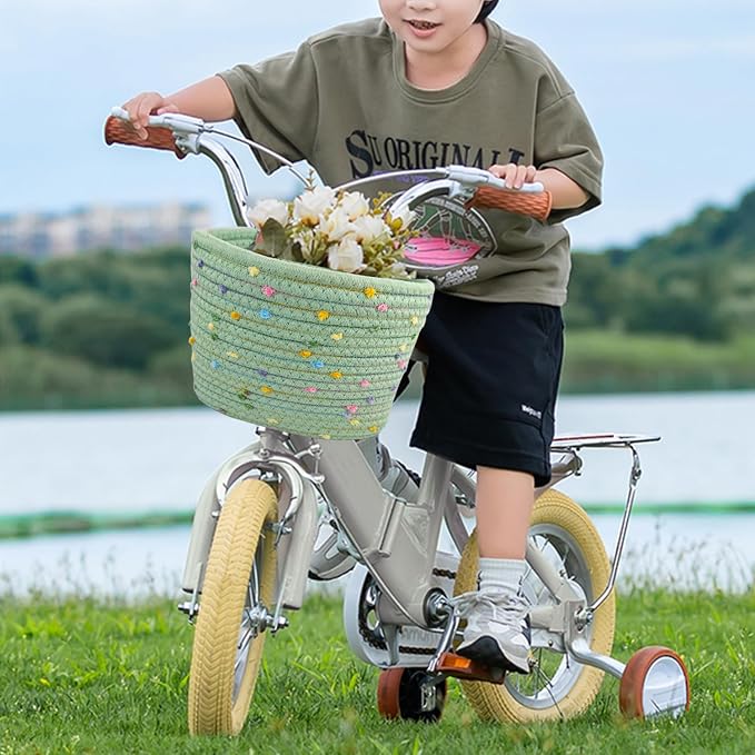 Kids Bike Basket for Boys and Girls, Children's Bicycle Basket Woven With Sisal Rope, Cute Decorative Accessories for Balance Bikes and Scooters
