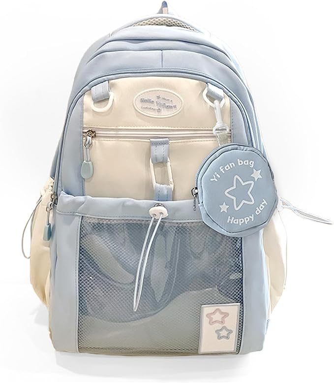 Kawaii Backpack Double Shoulder Bag with Cute Star Removable Pouch Clear Pocket Large Capacity Dopamine Colors Daypack (Clear Blue)
