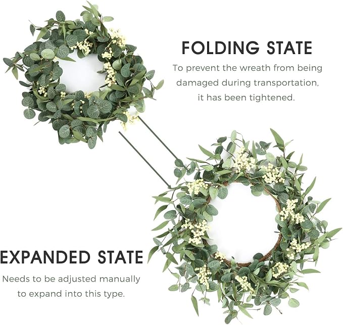 Pinkpum 20'' Eucalyptus Wreath for Front Door, Porch, Window - Green Decor for Home, Farmhouse - Spring, Summer, Fall, All Seasons Fluffy Version