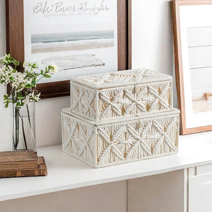 Decorative Boho Storage Baskets with Lid Natural Macrame Boxes | Handmade Cotton Rope Woven Bins, Shelf Desk Organizer Container for Jewelry Memory Keepsake Photo Makeup, Off White, Small
