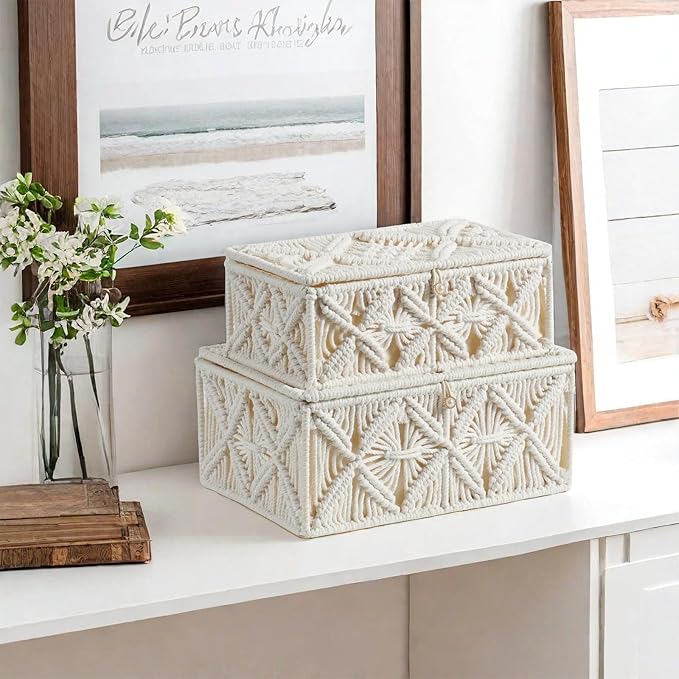 Decorative Boho Storage Baskets with Lid Natural Macrame Boxes | Handmade Cotton Rope Woven Bins, Shelf Desk Organizer Container for Jewelry Memory Keepsake Photo Makeup, Off White, Large