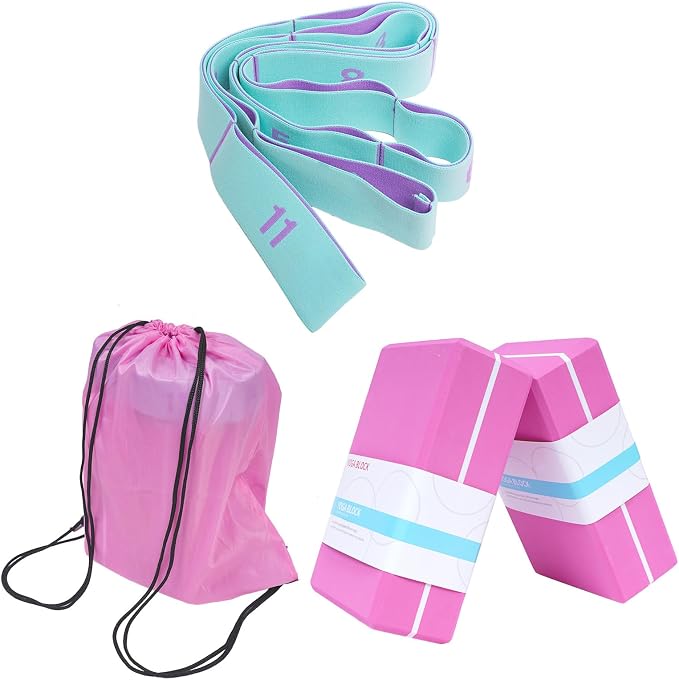 2 Pack Yoga Blocks 350g High Density, Non-Slip EVA Foam Brick with Bonus 11 loops Yoga Strap & Carry Bag, Pilates Block Set for Balance, Flexibility, Meditation, Home Gym & Studio