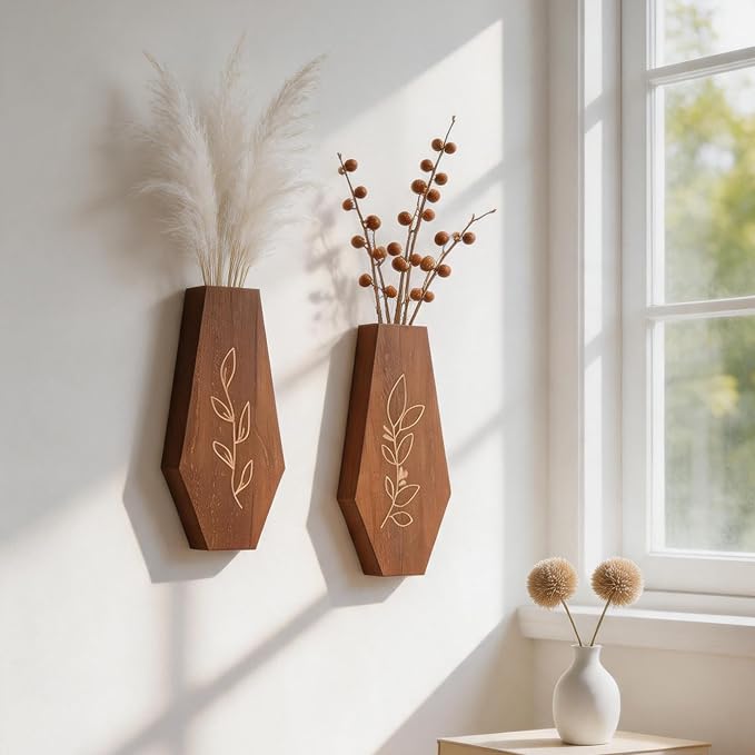 Wood Wall Planter 2 Pack, Modern Farmhouse Wall Decor Mounted Wooden Vase Set, Hanging Planter for Indoor Plants, Boho Wall Decor for Living Room, Entryway, Hallway, Bathroom (Brown)