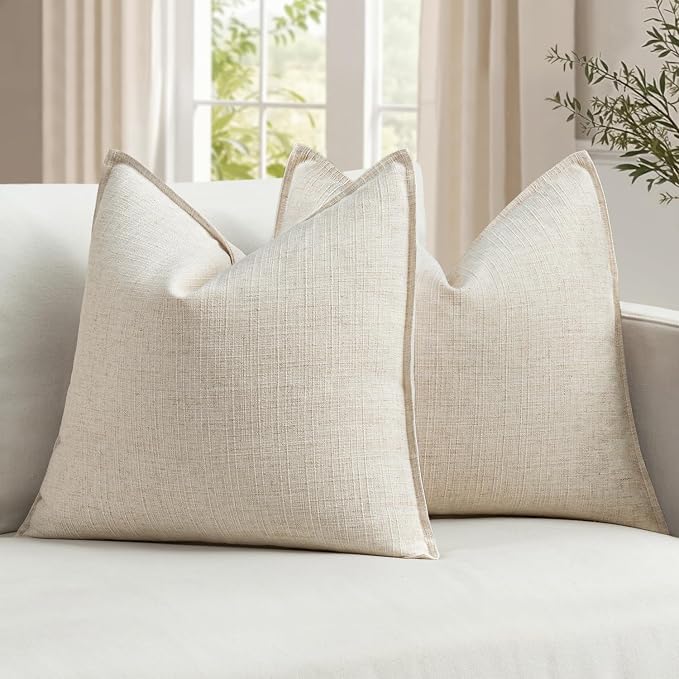 MIULEE Thick Textured Decorative Throw Pillow Covers 22x22 in Natural Beige | Set of 2, Linen Blend Pillow Cover, Flange Edge Design, Farmhouse Modern Boho Style, Bed Couch Living Room Decor