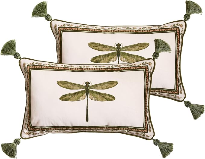 Designer French Velvet Throw Pillow Cover,20"x12" Set of 2-Grace C | Pillow Cover,Concealed Zipper Design,Dragonfly Pattern,Sofas,Bedroom,Living Room,Lounge Chairs,All Season Home Decor