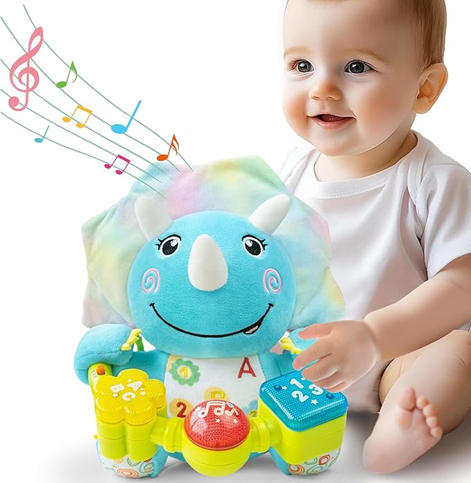 Baby Bilingual Musical Dinosaur Stuffed Animals Toys,Infant Early Learning Toy with Light-Up Music & Crinkle,Tummy Time Toys for 0 3 6 9 12+ Months for Baby Boy Girl Gift