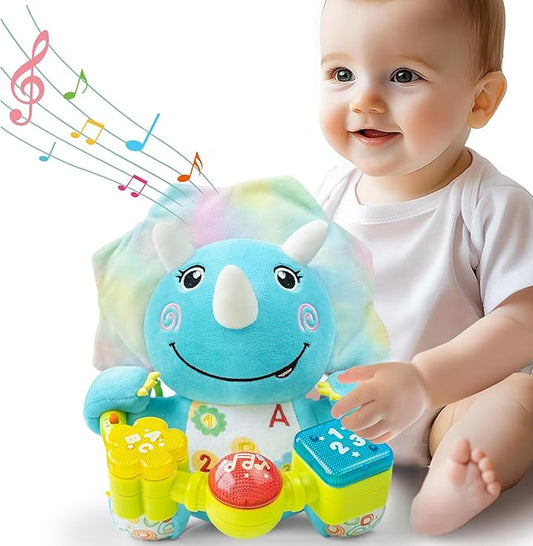 Baby Bilingual Musical Dinosaur Stuffed Animals Toys,Infant Early Learning Toy with Light-Up Music & Crinkle,Tummy Time Toys for 0 3 6 9 12+ Months for Baby Boy Girl Gift