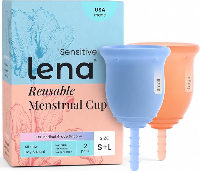 Lena Sensitive Menstrual Cups 2-Pack Ultra-Soft Set (Small & Large) Medical-Grade Silicone Period Cup for Women Heavy Flow, Reusable and Comfortable 12-Hour Leak-Free Protection