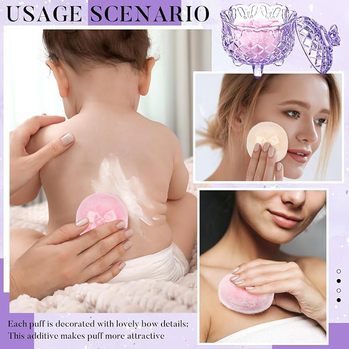 Tioncy 3 Pcs Large Body Powder Puff and Container Valentine's Day gift Powder Container with Puff Crystal Case Soft Washable Reusable Velour Face Body Glitter Wet Dry Makeup(Butterfly,Purple)