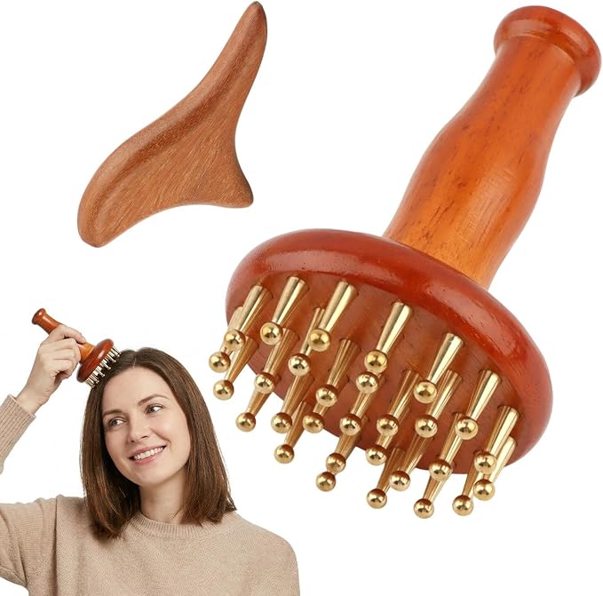 29 Teeth Copper Head Massage Comb for Body and Scalp, Include Sandalwood Triangle Tool, Meridian Point Massager Brush for Belly, Wooden Ergonomic Handle Design, Chinese SPA Gua Sha Tool for Body