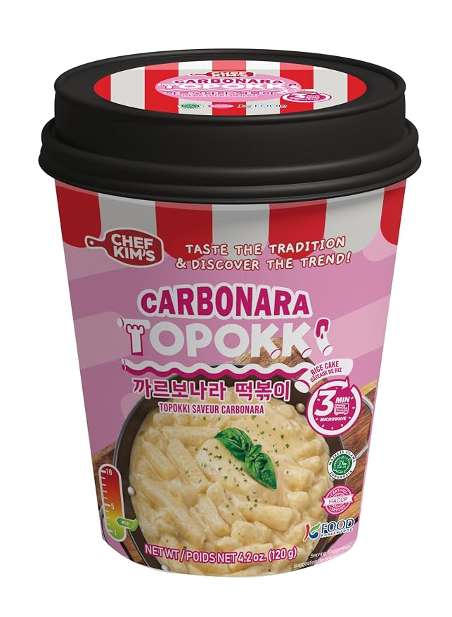 POCAS Chef Kim's Korean Instant Topokki Rice Cake Cups, Microwaveable Rice Cake Snack, Ready in 3 Minutes, 4.2 oz (120g) per Cup, 12 Tteokbokki Cups per Case, Authentic Korean Street Food. (Carbonara)