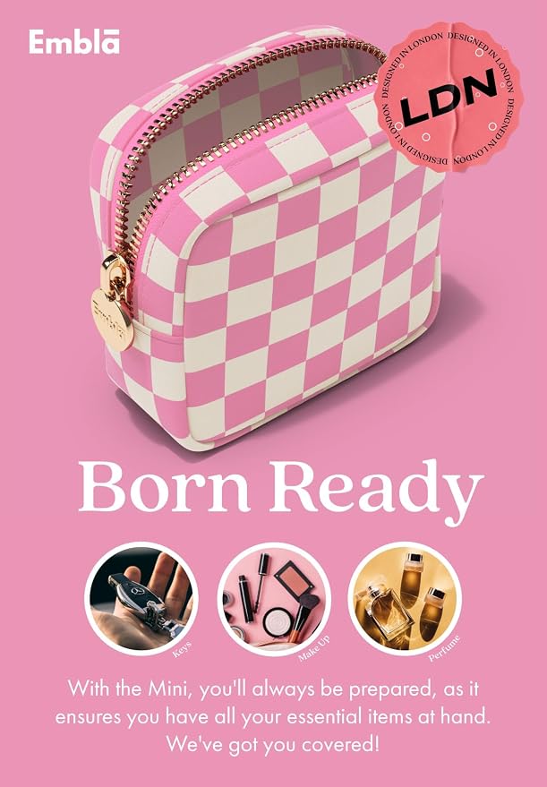 Embla Makeup Bag Travel Cosmetic Bag, Toiletry Bag, Cute Makeup Organizer, Nylon Zipper Pouch Purse Storage Bag Cosmetics Organizer, Womens Make Up Bag Mini Makeup Bags (Flamingo Checkered)
