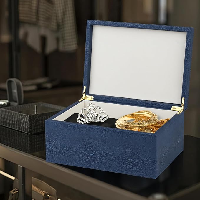 HofferRuffer Faux Leather Decorative Box, Large Wooden Structure Keepsake Box Accessory Organizer Jewelry Organizer with Hinged Lid, Storage Container for Home or Office (NavyBlue Shagreen)