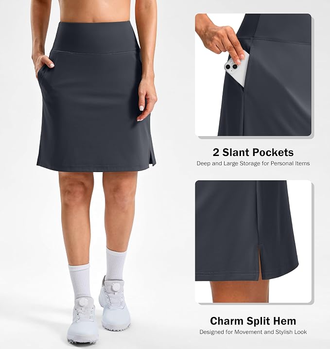 20" Skorts with 3 Pockets | Knee Length, High waisted, Slit Side, Casual, Summer, Travel, Athletic, Tennis, Golf, Skirts for Women