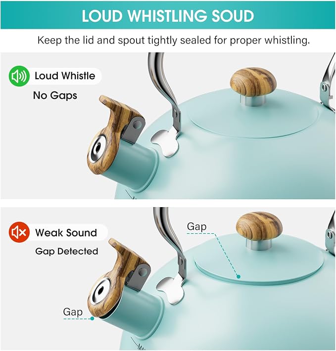 2.6 Quart Tea Kettle Stovetop Whistling for Stove Top, Blue | Food Grade Stainless Steel Tea Kettles with Cool Wood Pattern Handle, Induction Compatible