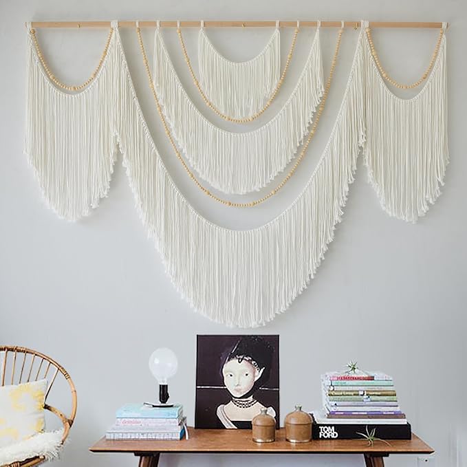 Macrame Wall Hanging Boho Yarn Art Tassel Beaded Handmade Decor 57"W*41"L | Fiber Wall Hanging, Large Wall Decor, Handmade Textile Art, Cotton Rope Craft, Beaded Tassel Accent, for Living Room Bedroom
