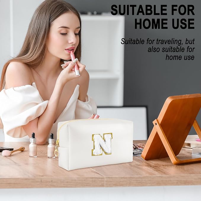 URSKYTOUS Gifts for Girls Initial Makeup Bag Personalized Cosmetic Bag with Zipper Cute Travel Toiletry Bags Waterproof PU Preppy Makeup Pouch Birthday Gift for Teen Girls Women(White N)