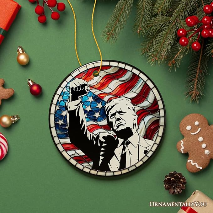 Trump with Raised Fist Stained Glass Christmas Ornament, American Pride Keepsake