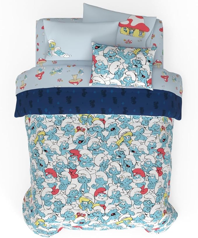 The Smurfs Kids Bedding Super Soft & Cozy Reverisble Microfiber Comforter and Sheet Set with Sham, 7 Piece Full Size, (Officially Licensed Product) By Franco