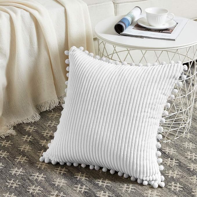 Fancy Homi Pack of 2 Pure White 20 x20 Inch Decorative Throw Pillow Covers with Pom-poms, Soft Corduroy Solid Square Cushion Cases Set for Couch Living Room Bedroom Sofa Car