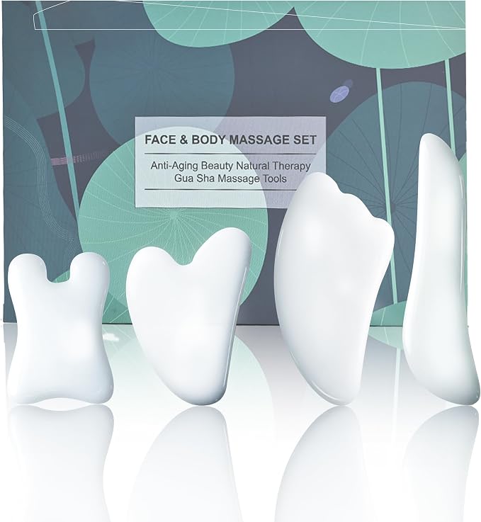 Rena Chris Guasha Massage Tool, 4 pcs Gua Sha Facial Tool, Guasha Board for SPA Acupuncture Therapy Trigger Point Treatment, Gua Sha Scraping Massage Tool (White)