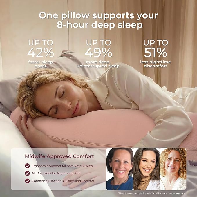 Momcozy Pregnancy Pillows for Side Sleeping, J Shaped Maternity Body Pillow for Pregnancy, Soft Pregnancy Pillow with Cotton Cover for Head Neck Belly Support, Pink