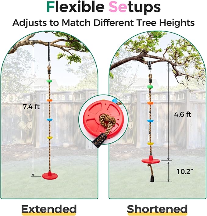 DECORLIFE Tree Swing for Kids 330LB Capacity, Adjustable Climbing Rope with Platforms and Disc Swing Seat Set for Outdoor Backyard Playground Accessories, Including Carabiners and Strap, Red
