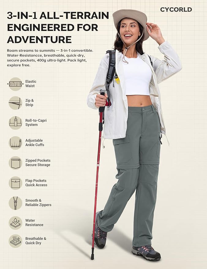 Cycorld Women's-Hiking-Pants-Convertible Quick-Dry-Stretch-Lightweight Zip-Off Outdoor Pants with 5 Deep Pockets