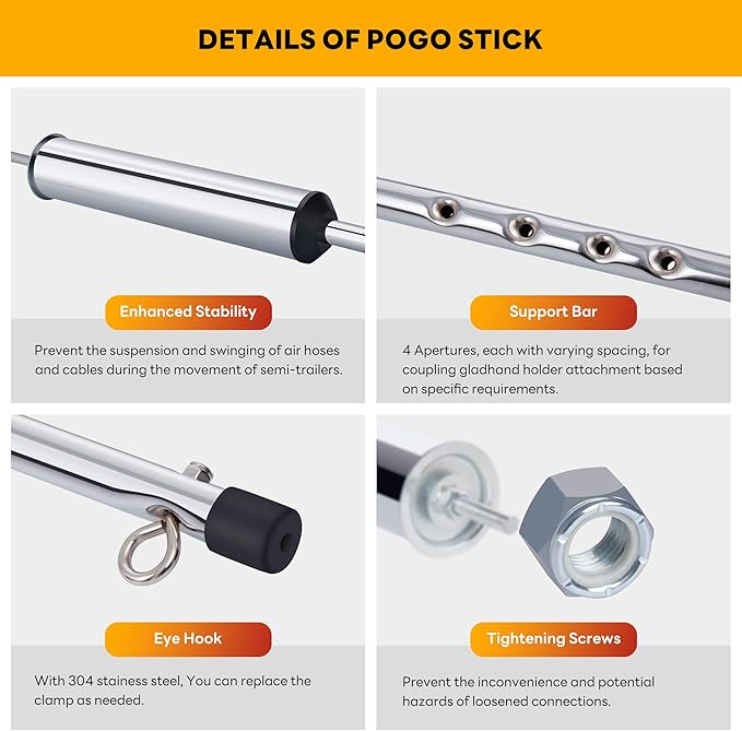40” Swivel Pogo Stick for Semi Truck & Air Brake Line, Heavy Duty Stainless Steel with Clamp, 3 Hole Clamp, Lock Screw - 2Pcs