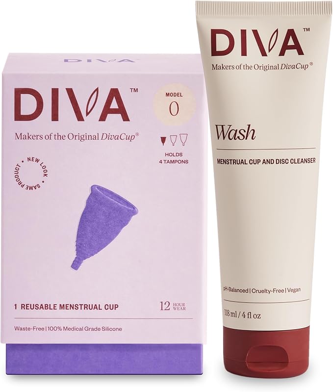 Diva Cup & Diva Wash Combo Pack - Medical Grade Silicone - for Period Care - Reusable Menstrual Cup - with Cleaner - Model 0 (for Slim Vaginal Canals & First-Time Users)